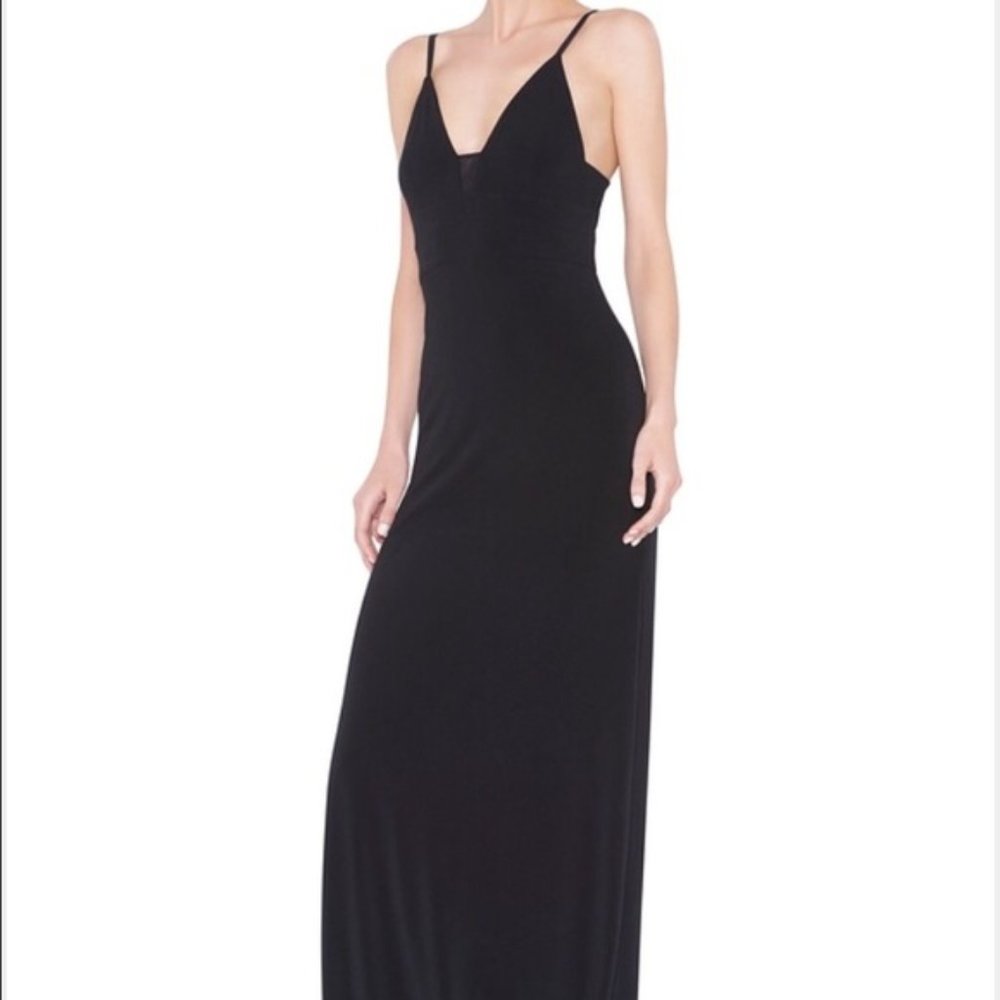 New Alice + Olivia Devlin plunge neck mesh insert v-neck maxi column gown dress - Picture 4 of 16